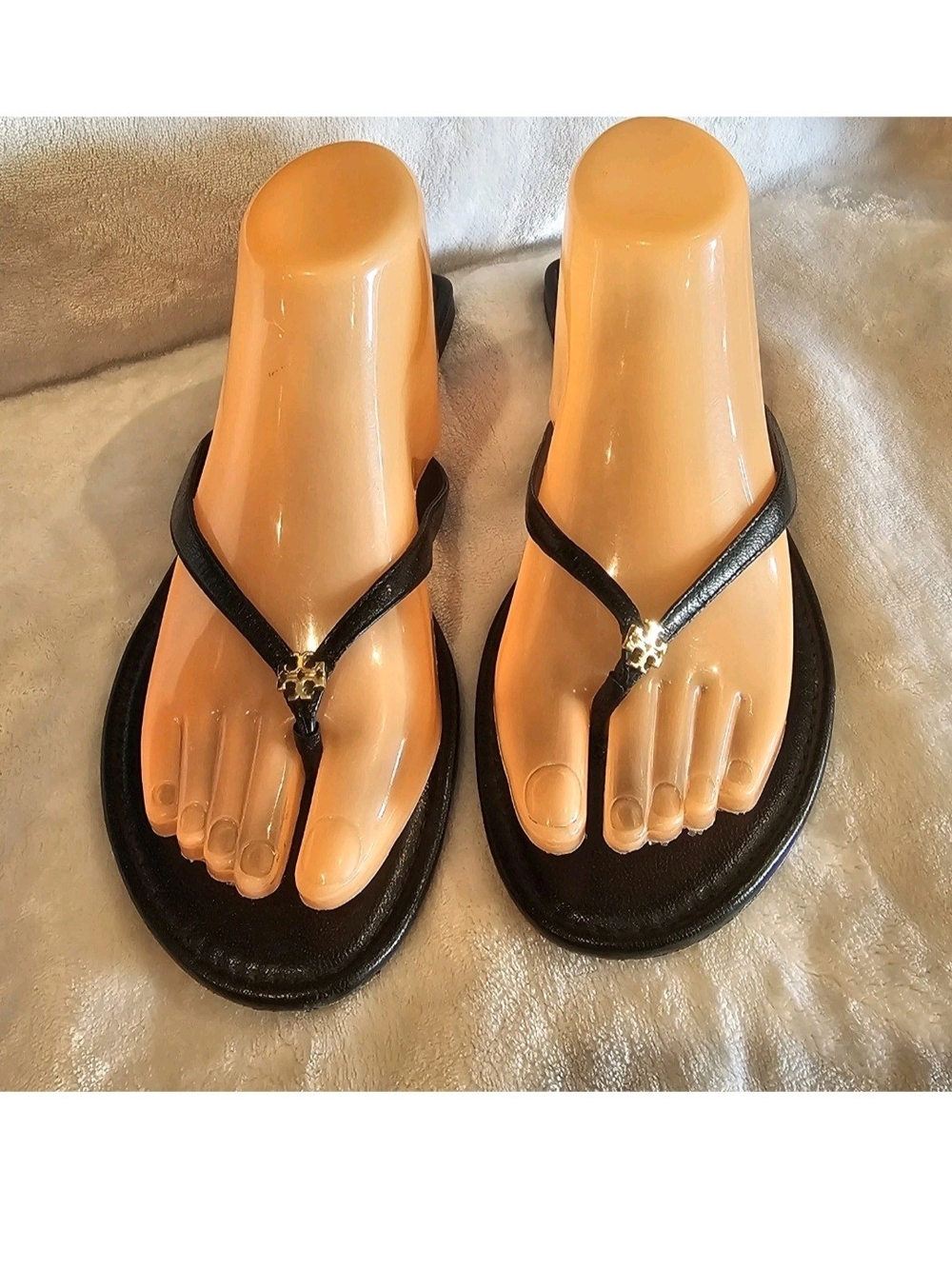 Tory Burch Black Leather Thong Sandals with Gold Accent - Size 9.5